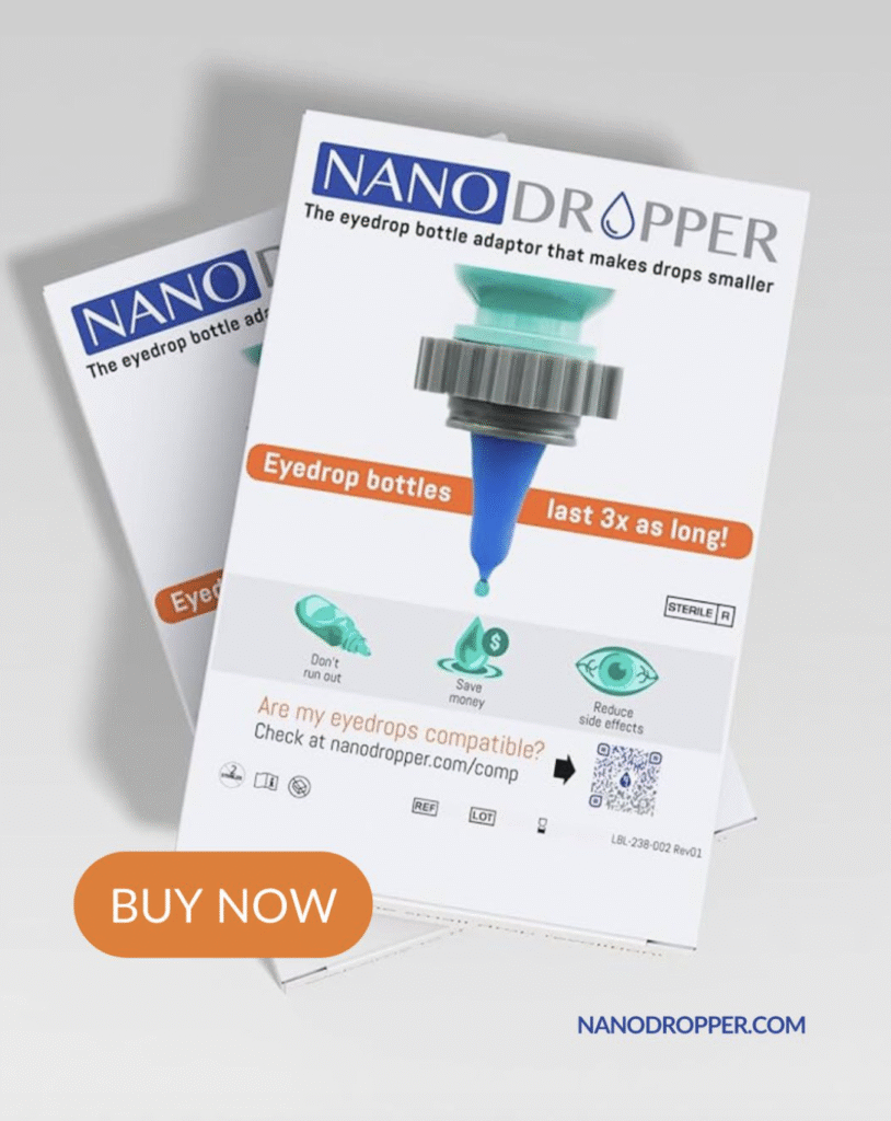 Close-up of an eye drop bottle with the Nanodropper adaptor, showing reduced drop size for precise eye care.